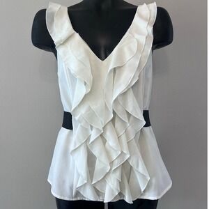 Bebe Sleeveless Top Sz S Ruffle V-Neck Zip Back Cream/Black Y2K Classic Glam VTG